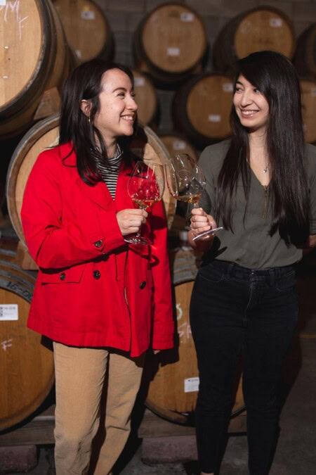 Two young women smile and toast their wine glasses together while on a winery tour after a tour of the grape vines growing in the adjacent vineyard. 