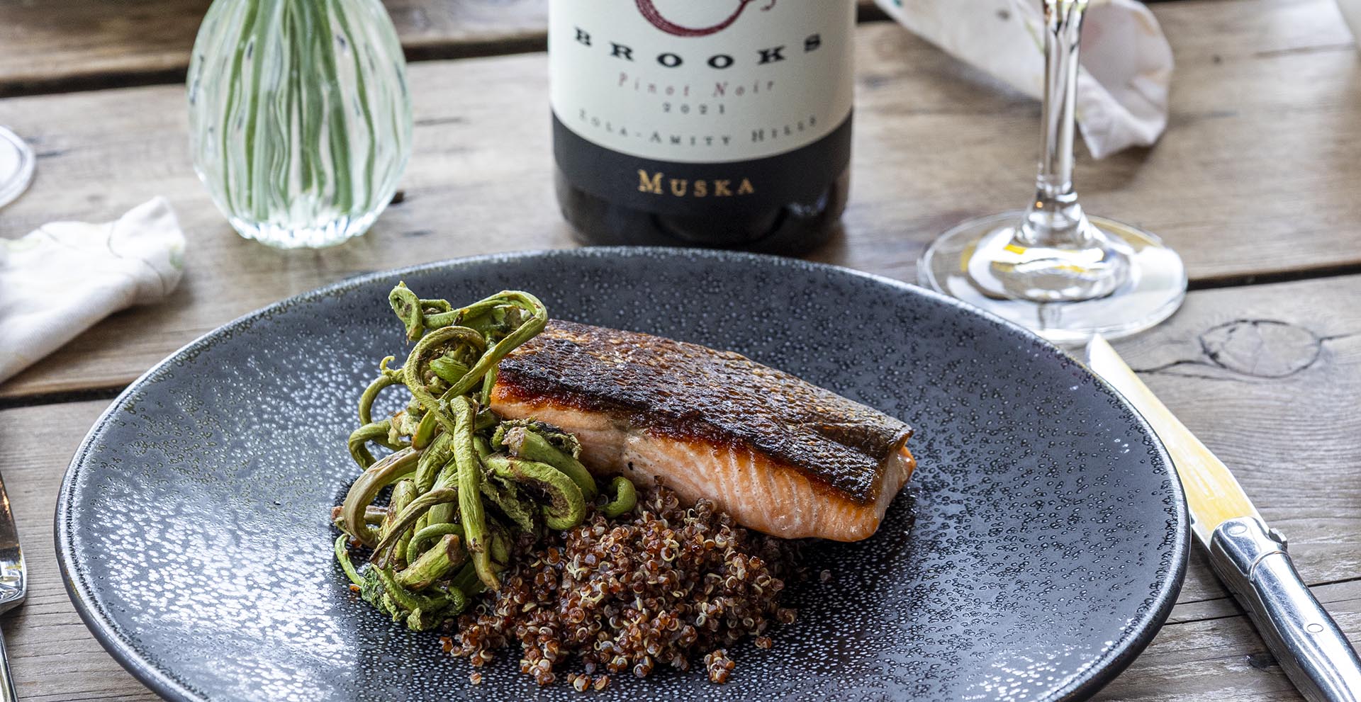 Wild Steelhead with Fiddleheads and Quinoa